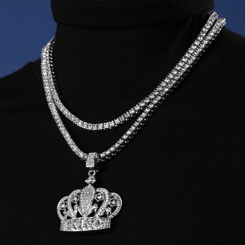 Silver King Crown Pendant and Two Tennis Necklaces